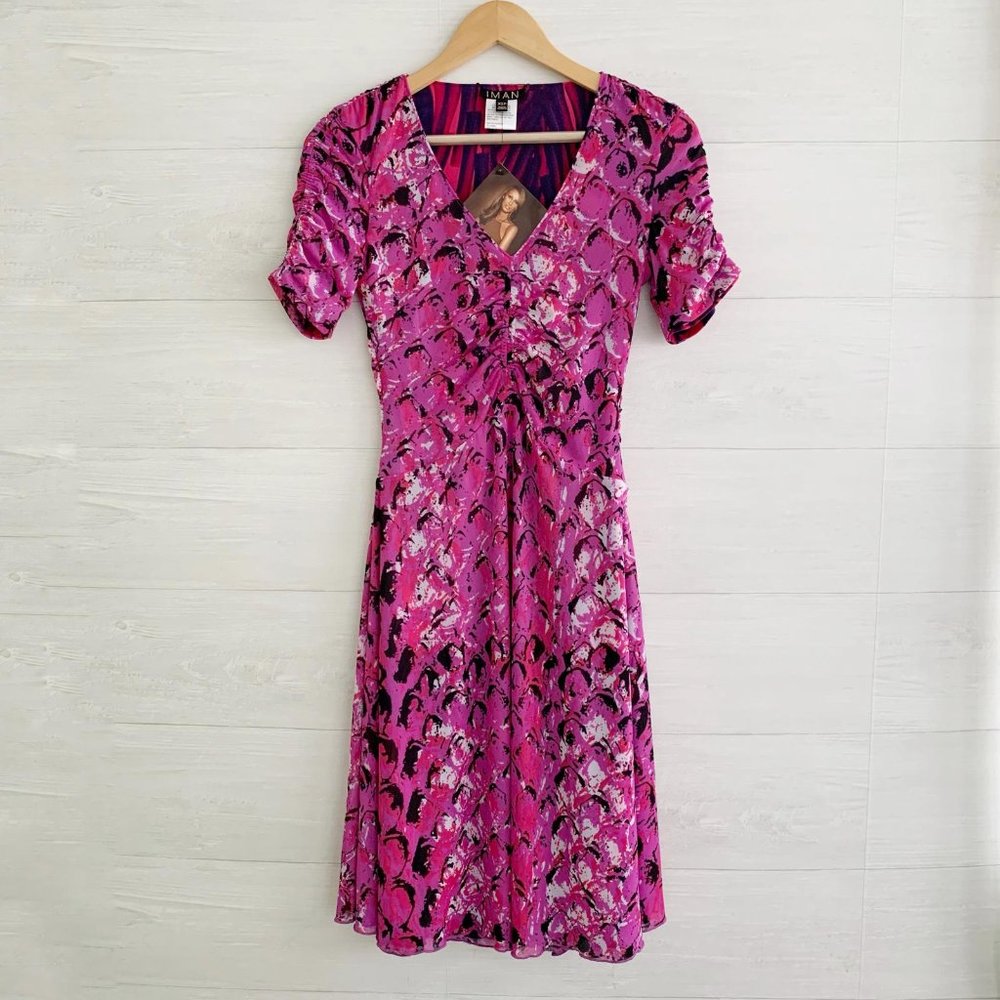 NWT IMAN - Purple pink fit flare stretch short sleeve reversible dress, XSP